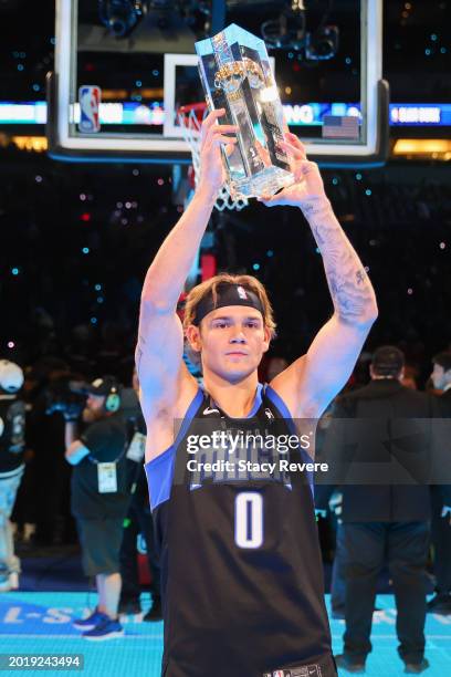 Mac McClung of the Osceola Magic celebrates after winning the 2024 AT&T Slam Dunk contest during the State Farm All-Star Saturday Night at Lucas Oil...