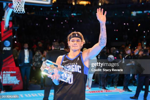 Mac McClung of the Osceola Magic celebrates after winning the 2024 AT&T Slam Dunk contest during the State Farm All-Star Saturday Night at Lucas Oil...