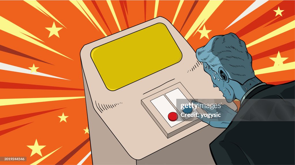 Click Red Button Sweating Vector Pop Art Sweating Man Choosing Button Stock Illustration High-Res ...