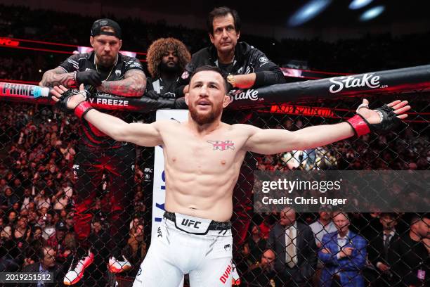 Merab Dvalishvili of Georgia prepares to face Henry Cejudo in a bantamweight fight during the UFC 298 event at Honda Center on February 17, 2024 in...