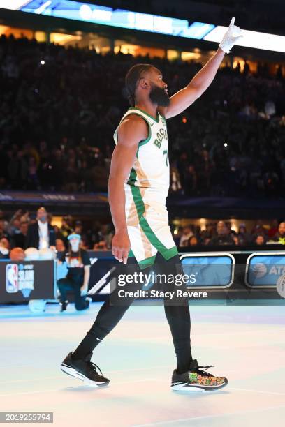 Jaylen Brown of the Boston Celtics reacts after dunking in the 2024 AT&T Slam Dunk contest during the State Farm All-Star Saturday Night at Lucas Oil...