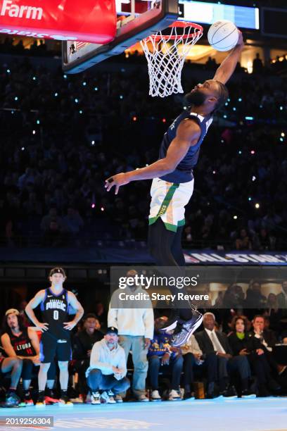 Jaylen Brown of the Boston Celtics participates in the 2024 AT&T Slam Dunk contest during the State Farm All-Star Saturday Night at Lucas Oil Stadium...