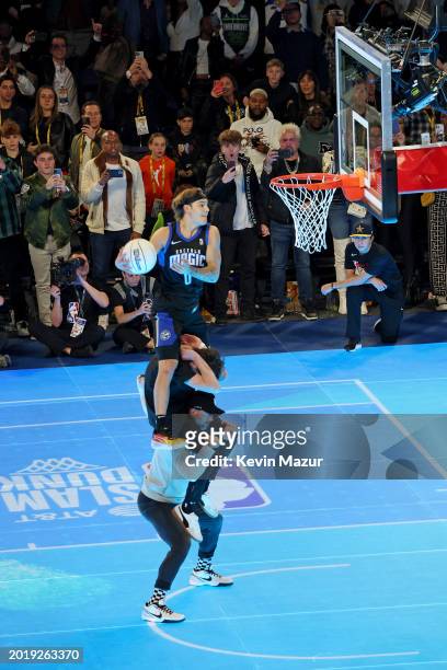 Mac McClung goes to the basket during the AT&T Slam Dunk Contest as part of 2024 State Farm All-Star Saturday Night at Lucas Oil Stadium on February...