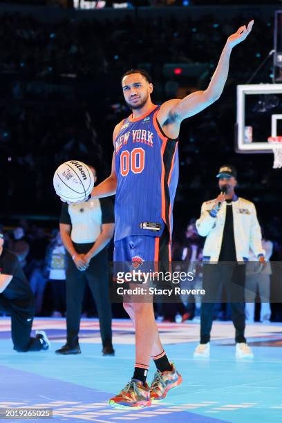 Jacob Toppin of the New York Knicks reacts in the 2024 AT&T Slam Dunk contest during the State Farm All-Star Saturday Night at Lucas Oil Stadium on...