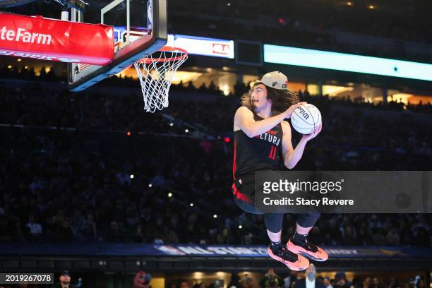 Jaime Jaquez Jr. #11 of the Miami Heat participates in the 2024 AT&T Slam Dunk Contest during the State Farm All-Star Saturday Night at Lucas Oil...