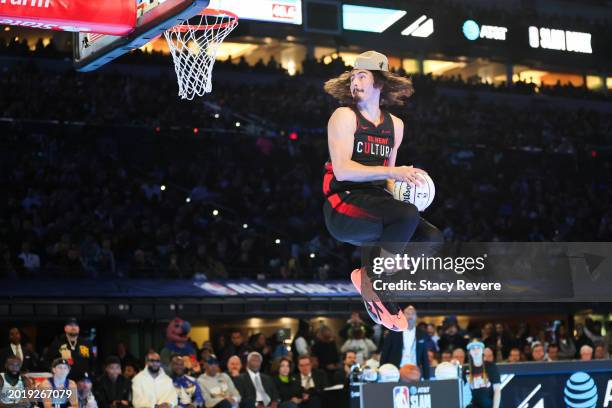 Jaime Jaquez Jr. #11 of the Miami Heat participates in the 2024 AT&T Slam Dunk Contest during the State Farm All-Star Saturday Night at Lucas Oil...