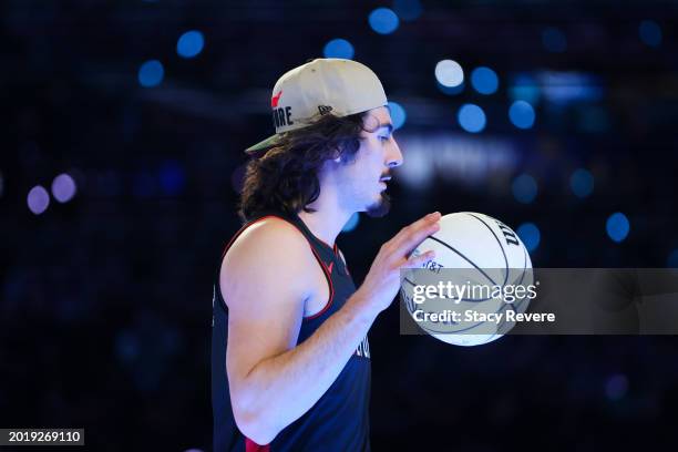 Jaime Jaquez Jr. #11 of the Miami Heat walks the court during the 2024 AT&T Slam Dunk Contest during the State Farm All-Star Saturday Night at Lucas...
