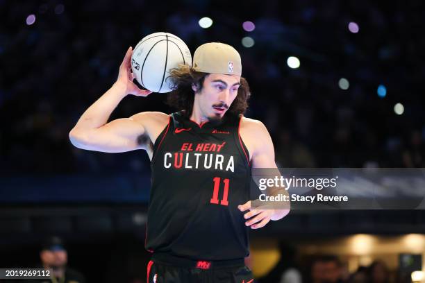 Jaime Jaquez Jr. #11 of the Miami Heat walks the court during the 2024 AT&T Slam Dunk Contest during the State Farm All-Star Saturday Night at Lucas...