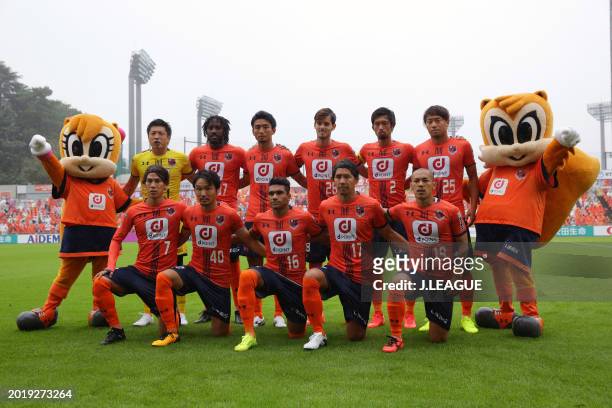 Omiya Ardija players line up for the team photos prior to the J.League J1 match between Omiya Ardija and Kashiwa Reysol at NACK5 Stadium Omiya on...