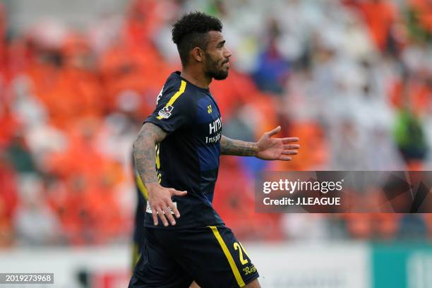 Ramon Lopes of Kashiwa Reysol celebrates after scoring the team's first goal during the J.League J1 match between Omiya Ardija and Kashiwa Reysol at...