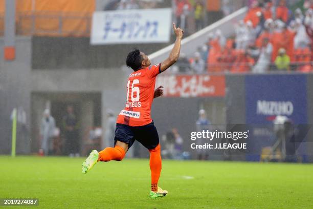 Mateus Castro of Omiya Ardija celebrates after scoring the team's first goal during the J.League J1 match between Omiya Ardija and Kashiwa Reysol at...