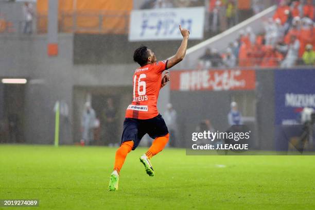 Mateus Castro of Omiya Ardija celebrates after scoring the team's first goal during the J.League J1 match between Omiya Ardija and Kashiwa Reysol at...