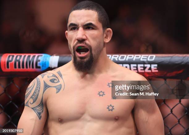 Robert Whittaker of New Zealand prepares to face Paulo Costa of Brazil in their middleweight fight during UFC 298 at Honda Center on February 17,...