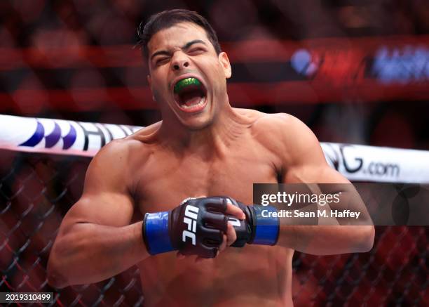 Paulo Costa prepares to face Robert Whittaker of New Zealand in their middleweight fight during UFC 298 at Honda Center on February 17, 2024 in...