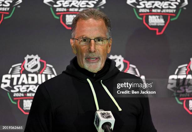Head Coach John Tortorella of the Philadelphia Flyers speaks during a post game press conference after the 2024 Navy Federal Credit Union Stadium...