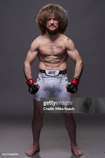 Merab Dvalishvili of Georgia poses for a portrait after his victory during the UFC 298 event at Honda Center on February 17, 2024 in Anaheim,...