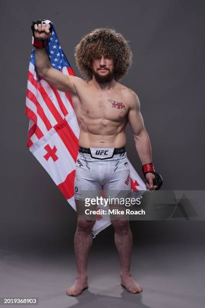 Merab Dvalishvili of Georgia poses for a portrait after his victory during the UFC 298 event at Honda Center on February 17, 2024 in Anaheim,...