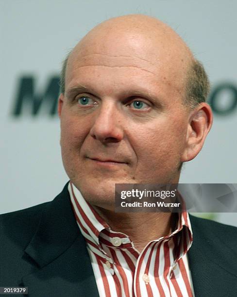 Microsoft CEO Steve Ballmer attends a media briefing during the seventh annual CEO Summit at Microsoft's campus May 21, 2003 in Redmond, Washington....