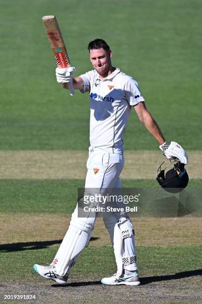 Beau Webster of the Tigers celebrates scoring a century during the Sheffield Shield match between Tasmania and Western Australia at Blundstone Arena,...