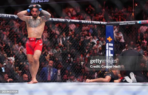 Ilia Topuria of Germany celebrates after his knockout victory against Alexander Volkanovski of Australia in the UFC featherweight championship fight...