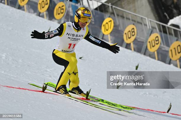 Noriaki Kasai of Japan competes during the Men's Large Hill at Okurayama Jump Stadium on February 18, 2024 in Sapporo, Hokkaido, Japan.