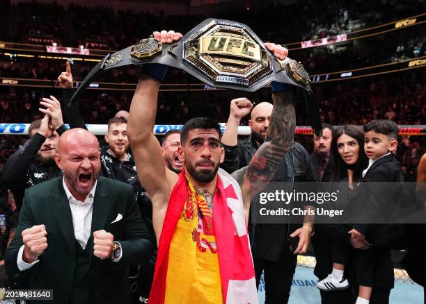 Ilia Topuria of Germany celebrates after his knockout victory against Alexander Volkanovski of Australia in the UFC featherweight championship fight...