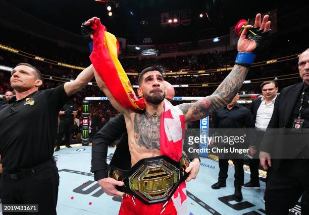 Ilia Topuria of Germany celebrates after his knockout victory against Alexander Volkanovski of Australia in the UFC featherweight championship fight...