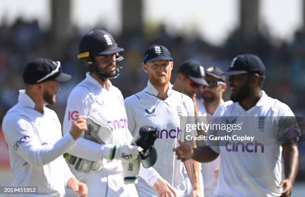 England captain Ben Stokes and team mates leave the field at lunch during day four of the 3rd Test Match between India and England at Saurashtra...