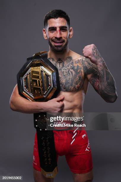 Ilia Topuria of Germany poses for a portrait after his victory during the UFC 298 event at Honda Center on February 17, 2024 in Anaheim, California.