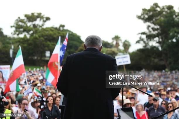 Former Australian Prime Minister Scott Morrison speaks to a large crowd during a rally against anti-semitism at The Domain on February 18, 2024 in...