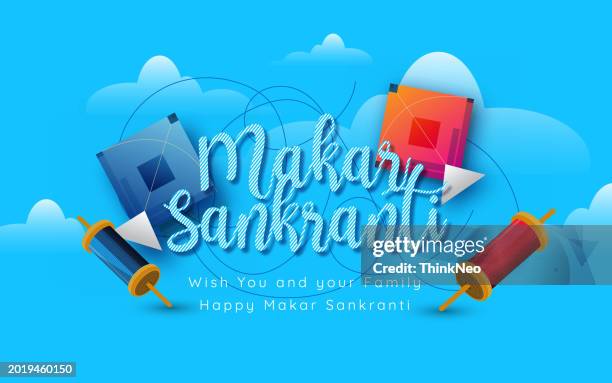 ilustraciones, imágenes clip art, dibujos animados e iconos de stock de makar sankranti. fondo de vacaciones con cometas voladoras de diferentes formas y colores. - solsticio-de-invierno