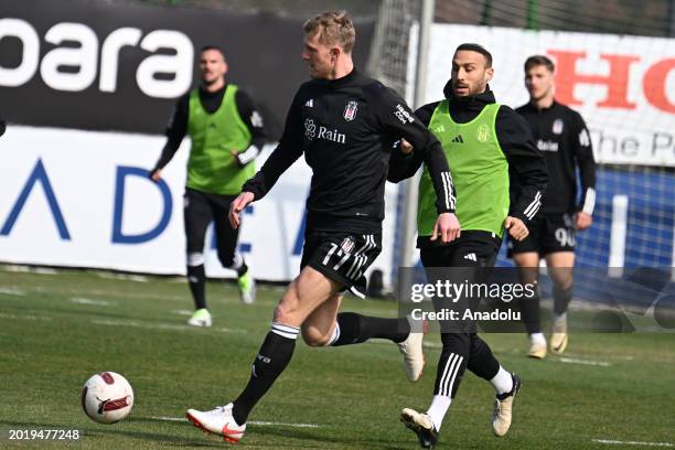 Joe Worrall and Cenk Tosun of Besiktas attend a training session at the BJK Nevzat Demir Facilities ahead of the football match between Istanbulspor...