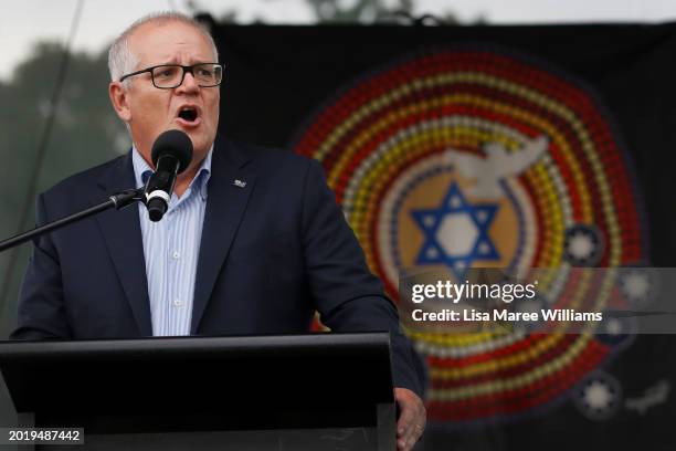 Former Australian Prime Minister Scott Morrison speaks to a large crowd during a rally against anti-semitism at The Domain on February 18, 2024 in...