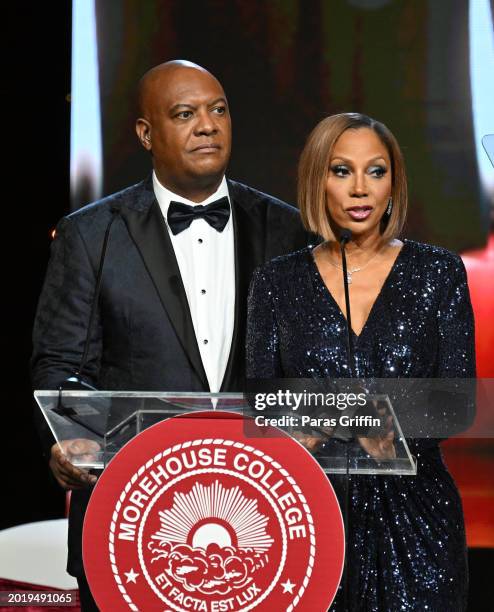 Rodney Peete and Holly Robinson Peete speaks onstage during the 36th Annual Morehouse College "A Candle in the Dark" gala at Hyatt Regency Atlanta on...