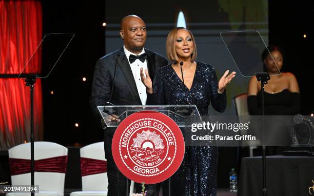Rodney Peete and Holly Robinson Peete speaks onstage during the 36th Annual Morehouse College "A Candle in the Dark" gala at Hyatt Regency Atlanta on...