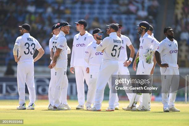 England captain Ben Stokes and team mates watch an unsuccsessful review on the big screen during day four of the 3rd Test Match between India and...
