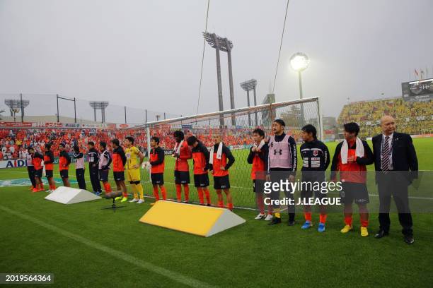 Omiya Ardija players applaud fans after the 1-1 draw in the J.League J1 match between Omiya Ardija and Kashiwa Reysol at NACK5 Stadium Omiya on...