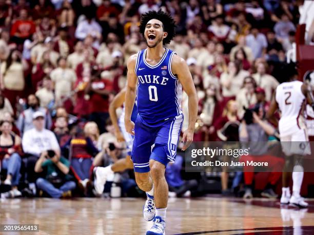Jared McCain of the Duke Blue Devils celebrates after making a three-pointer during the game against the Florida State Seminoles at the Donald L....