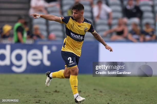 Mikael Doka of the Mariners celebrates his goal during the A-League Men round 17 match between Central Coast Mariners and Western Sydney Wanderers at...