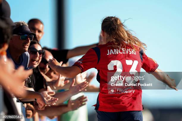 Alana Jancevski of Adelaide United celebrates scoring a goal during the A-League Women round 17 match between Melbourne City and Adelaide United at...