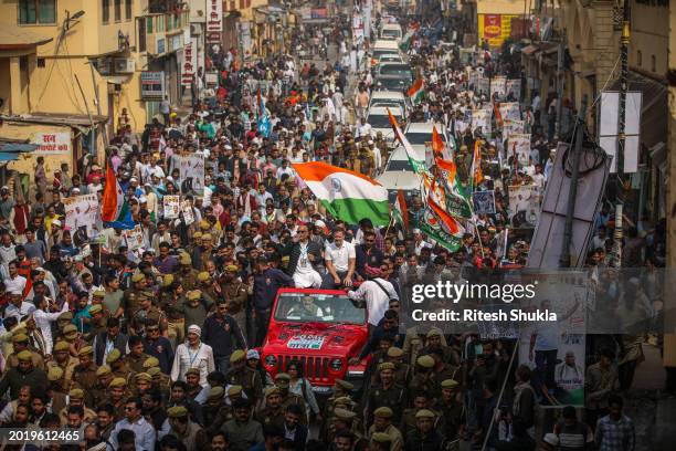 India's Congress Party leader Rahul Gandhi takes part in a roadshow as part of his 'Bharat Jodo Nyay Yatra' on February 17, 2024 in Varanasi, India....