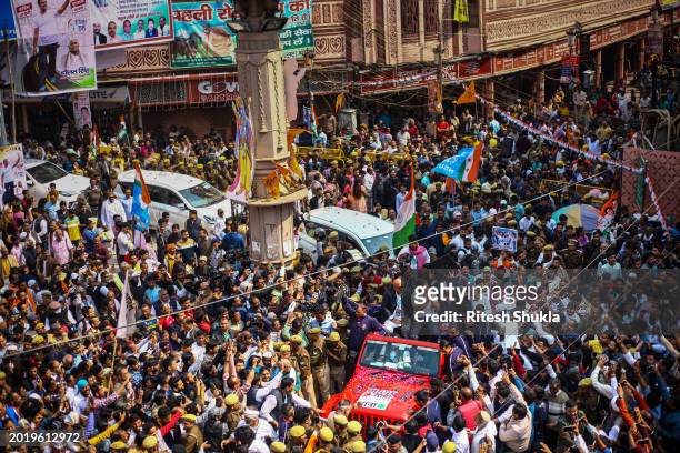 India's Congress Party leader Rahul Gandhi takes part in a roadshow as part of his 'Bharat Jodo Nyay Yatra' on February 17, 2024 in Varanasi, India....