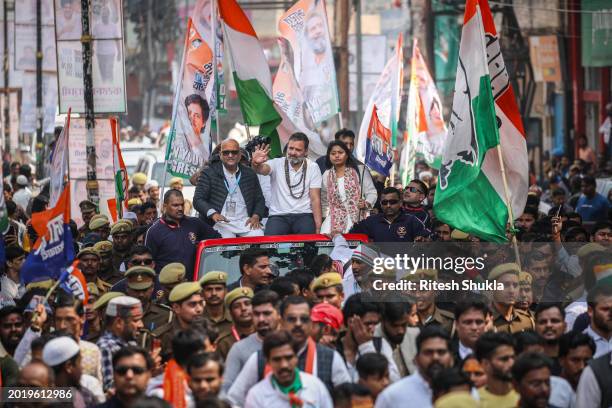 India's Congress Party leader Rahul Gandhi takes part in a roadshow as part of his 'Bharat Jodo Nyay Yatra' on February 17, 2024 in Varanasi, India....