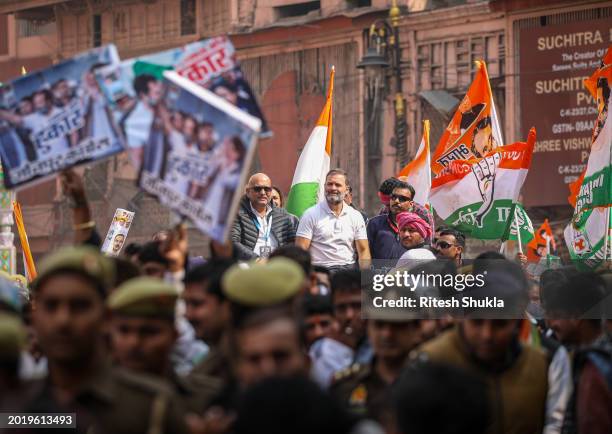 India's Congress Party leader Rahul Gandhi takes part in a roadshow as part of his 'Bharat Jodo Nyay Yatra' on February 17, 2024 in Varanasi, India....