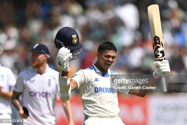 India batsman Yashasvi Jaiswal celebrates after reaching his double century during day four of the 3rd Test Match between India and England at...