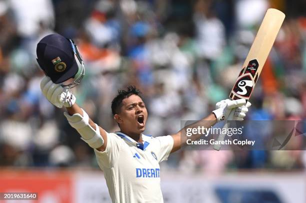 India batsman Yashasvi Jaiswal celebrates after reaching his double century during day four of the 3rd Test Match between India and England at...