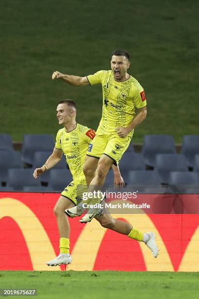 Kosta Barbarouses of the Phoenix celebrates scoring his seco goal during the A-League Men round 17 match between Macarthur FC and Wellington Phoenix...