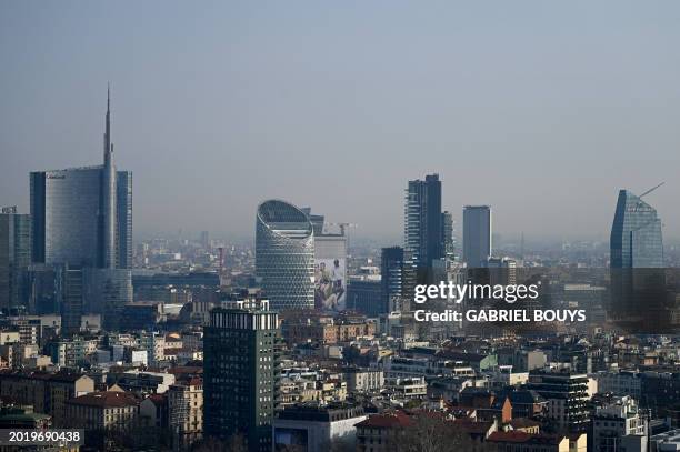 The Milan skyline is pictured on February 21, 2024. Gas-guzzling cars were banned from roads Tuesday in Milan and eight other cities across Lombardy...