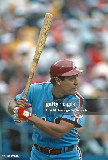 Tony Perez of the Philadelphia Phillies bats against the Pittsburgh Pirates during a Major League Baseball game at Three Rivers Stadium in 1983 in...