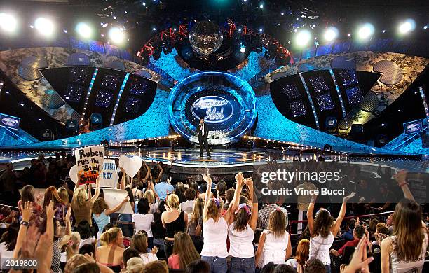 American Idol fans cheer during the show's grand finale on May 21, 2003 at the Universal Amphitheatre in Burbank, California. Ruben Studdard won the...